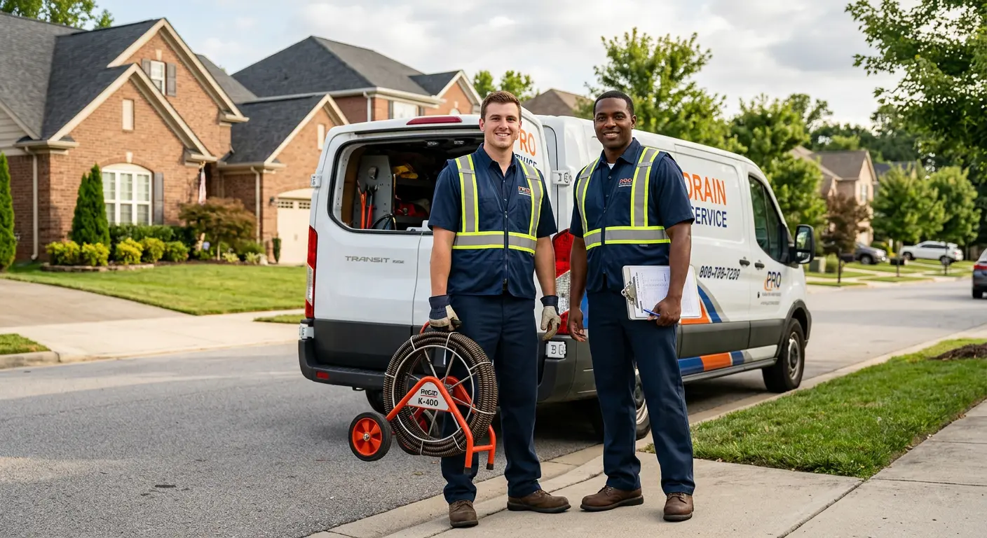 Sewer and drain service team with equipment ready for work in Falls Church