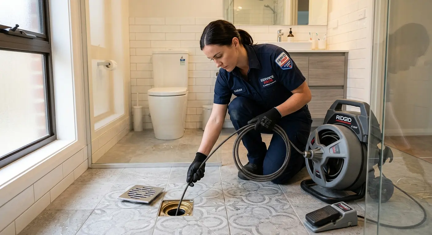 Technician clearing a bathroom floor drain for Drain Cleaning in Falls Church